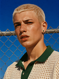 Outdoor bust portrait, cool teenage young man with short platinum blonde buzz cut, freckles across nose and cheeks, gold teeth grills on front teeth, single emerald green gem earring in left ear, sweat drop on cheek, wearing off-white open-knit polo shirt with dark green collar, standing in front of chain-link fence, vivid deep blue clear sky background, harsh bright midday direct sunlight, high contrast sharp shadows, 90s street fashion editorial photography, realistic skin texture, film grain, saturated vibrant color grading, shot on 35mm film, ultra detailed, 8K, sharp focus